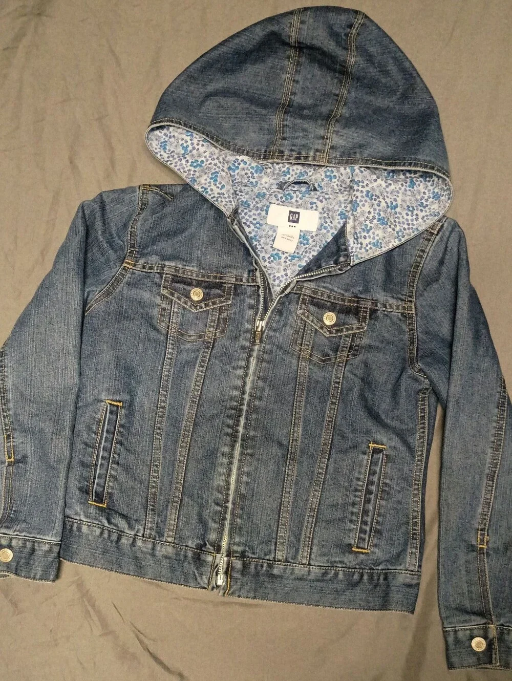 GAP Blue Denim Hooded Jean Jacket with Floral Lining